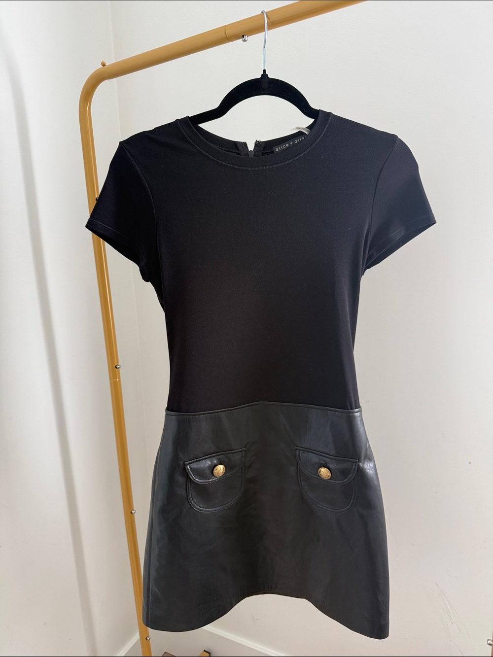 Alice + Olivia Black Short Sleeve Faux Leather Pocket Mini Dress